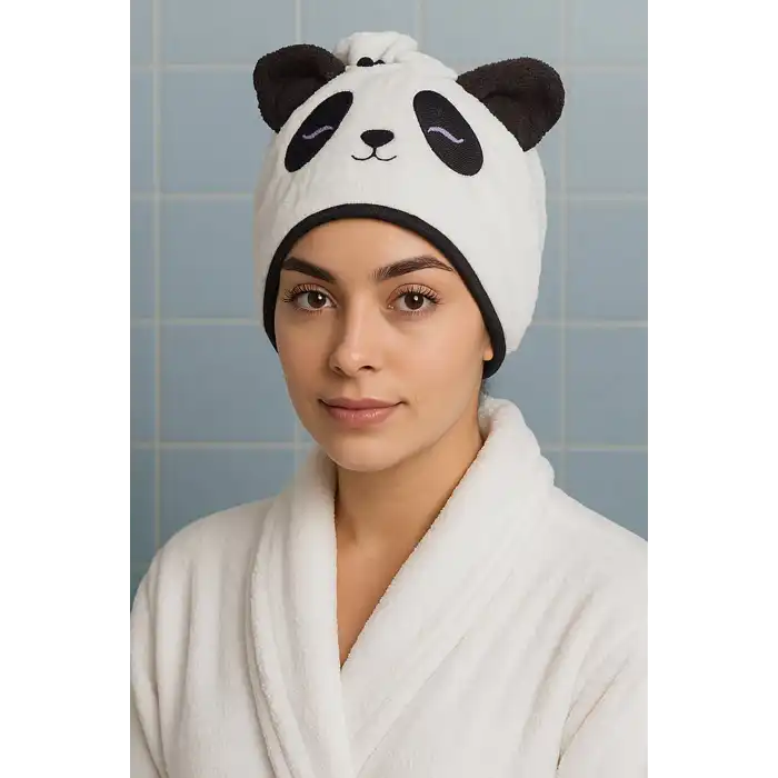 Beyaz Renk Panda Figürlü Saç Havlusu/ Bonesi Lastikli