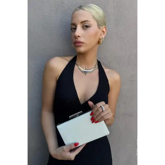 Beyaz Renk Simli Abiye Portföy Çanta