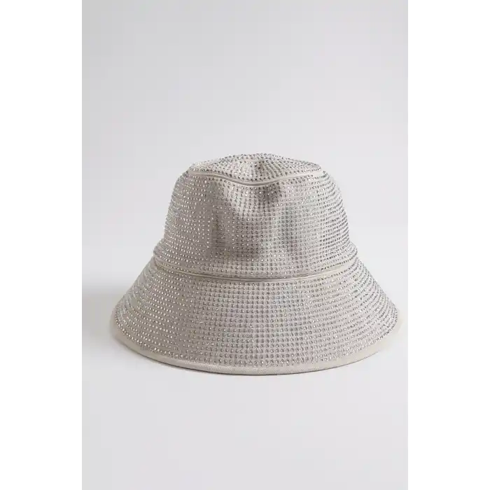 Beyaz Renk Taşlı Bucket Şapka