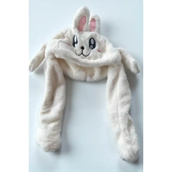Beyaz Renk Tavşan Figürlü Kulakları Oynayan Peluş Şapka
