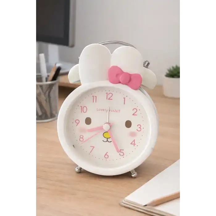 Beyaz Renk Tavşan Figürlü Mini Dekoratif Işıklı Alarmlı Yuvarlak Masa Saati