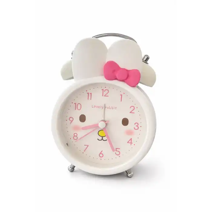 Beyaz Renk Tavşan Figürlü Mini Dekoratif Işıklı Alarmlı Yuvarlak Masa Saati