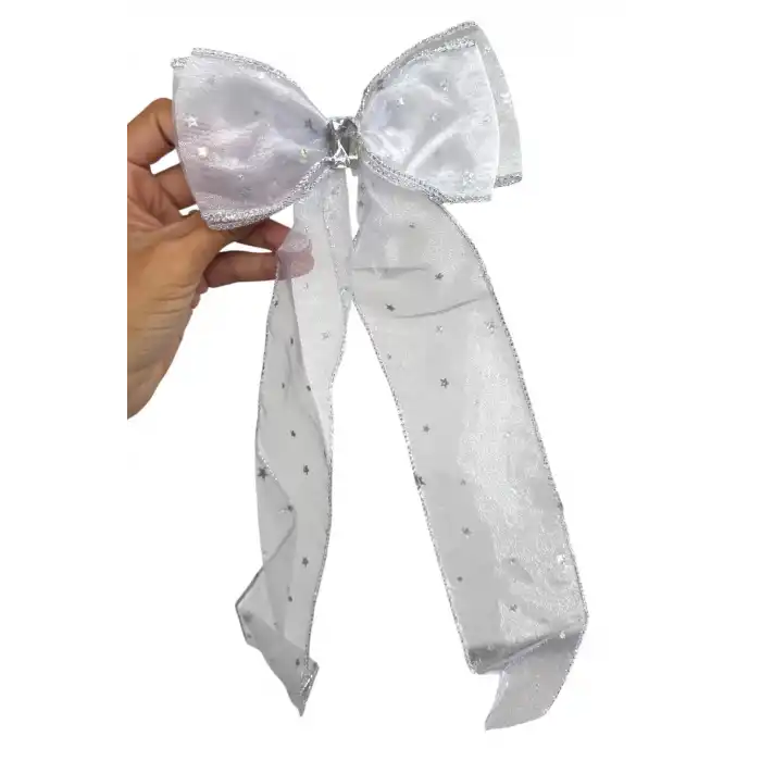 Beyaz  Renk Yıldız Detaylı Taşlı Kurdele Otomat Toka