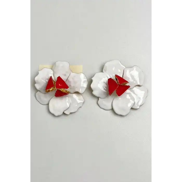 Beyaz Ve Kırmızı Renk Çiçek Figürlü Tasarım  Küpe (Çift)