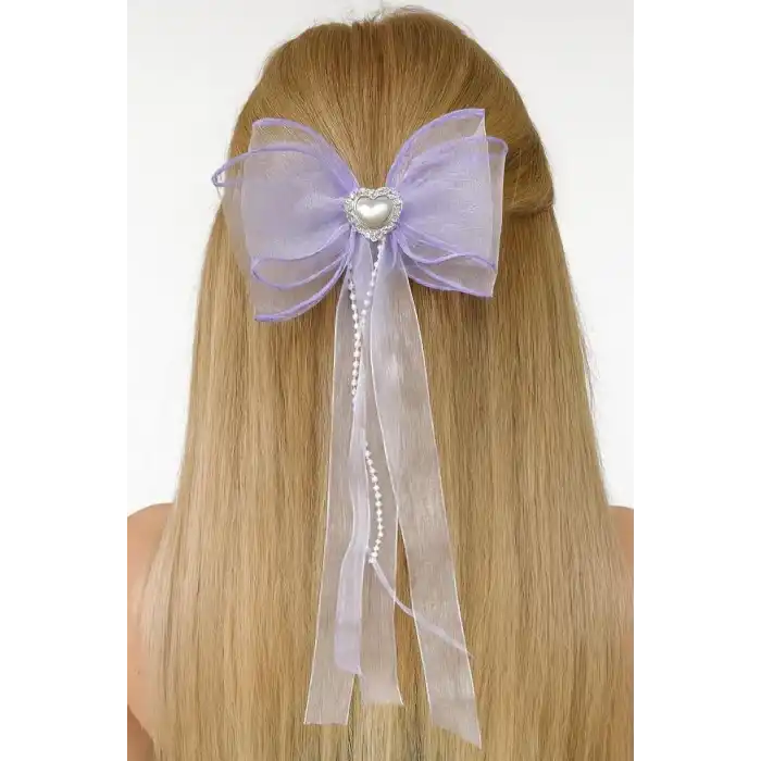 Beyaz Ve Mor Renk Kalp Figürlü İnci Detaylı Kurdele Otomat Toka