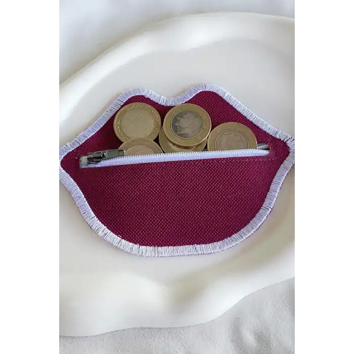 Bordo Renk Dudak Detaylı Kadın Cüzdan