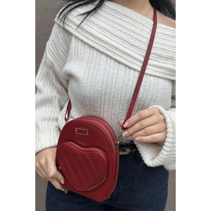 Bordo Renk Kalp Detaylı Deri Kadın Çanta