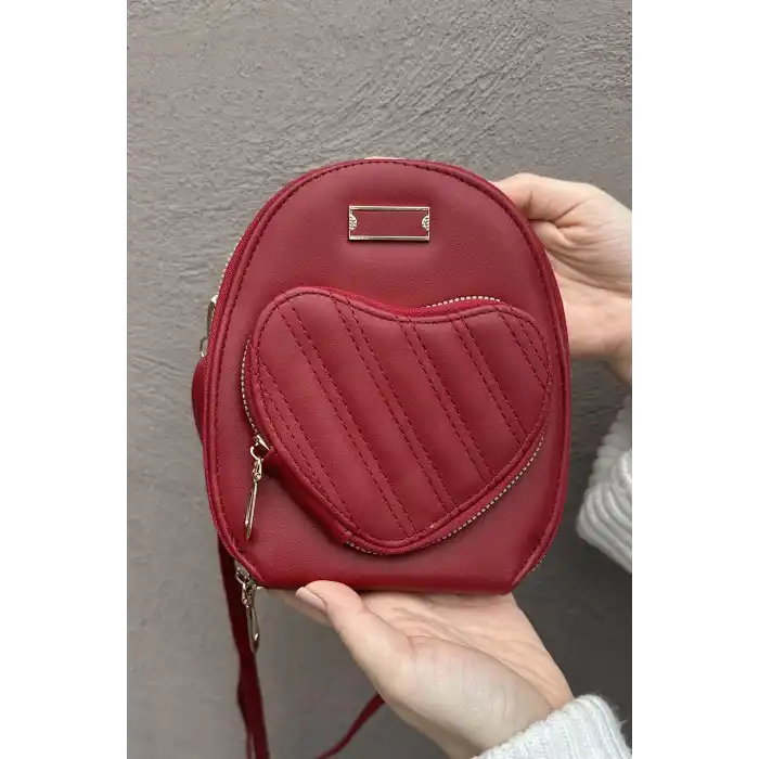 Bordo Renk Kalp Detaylı Deri Kadın Çanta