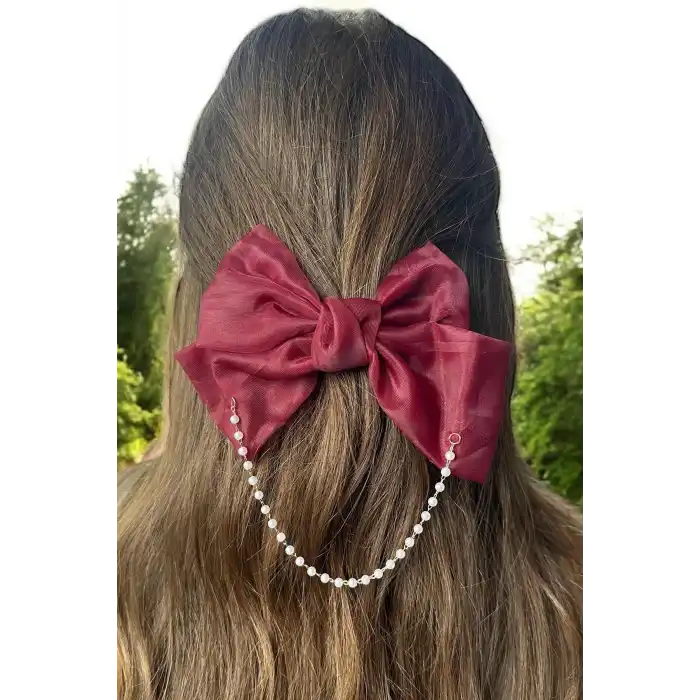 Bordo Renk Kurdele Figürlü İnci Detaylı Otomat Toka