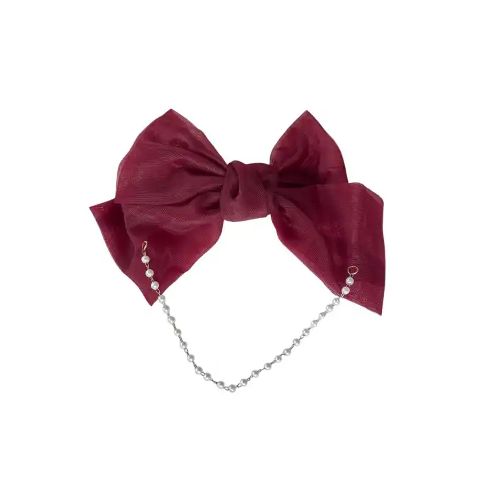 Bordo Renk Kurdele Figürlü İnci Detaylı Otomat Toka