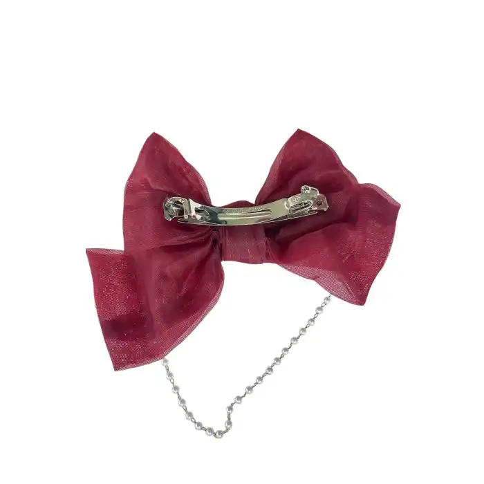 Bordo Renk Kurdele Figürlü İnci Detaylı Otomat Toka