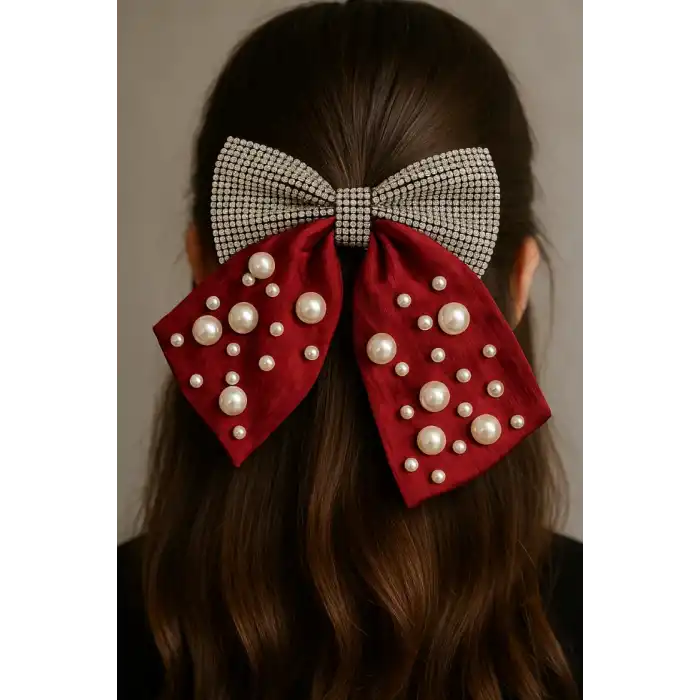 Bordo Renk Kurdele Figürlü İnci Ve Taş Detaylı Otomat Toka