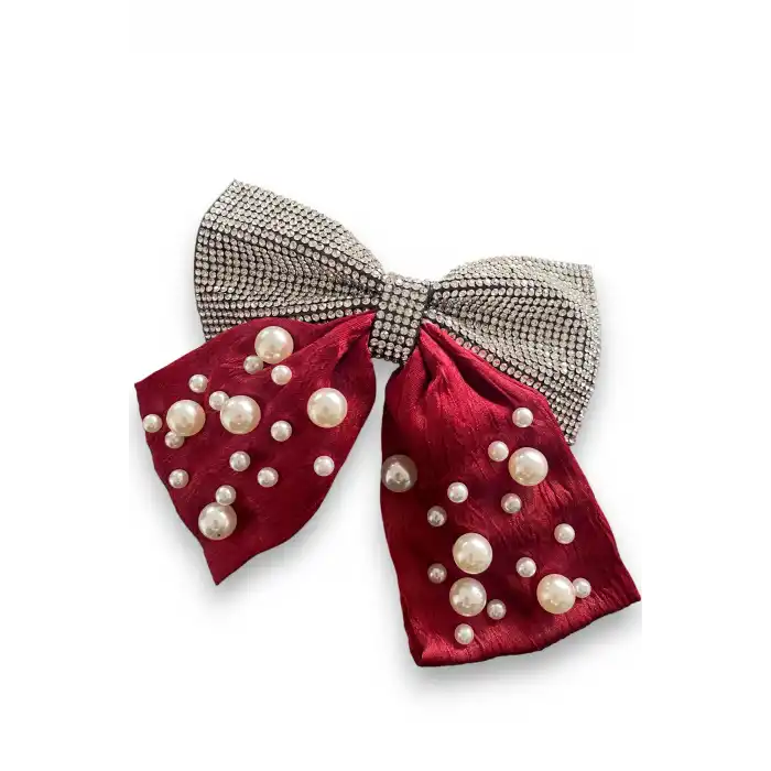 Bordo Renk Kurdele Figürlü İnci Ve Taş Detaylı Otomat Toka