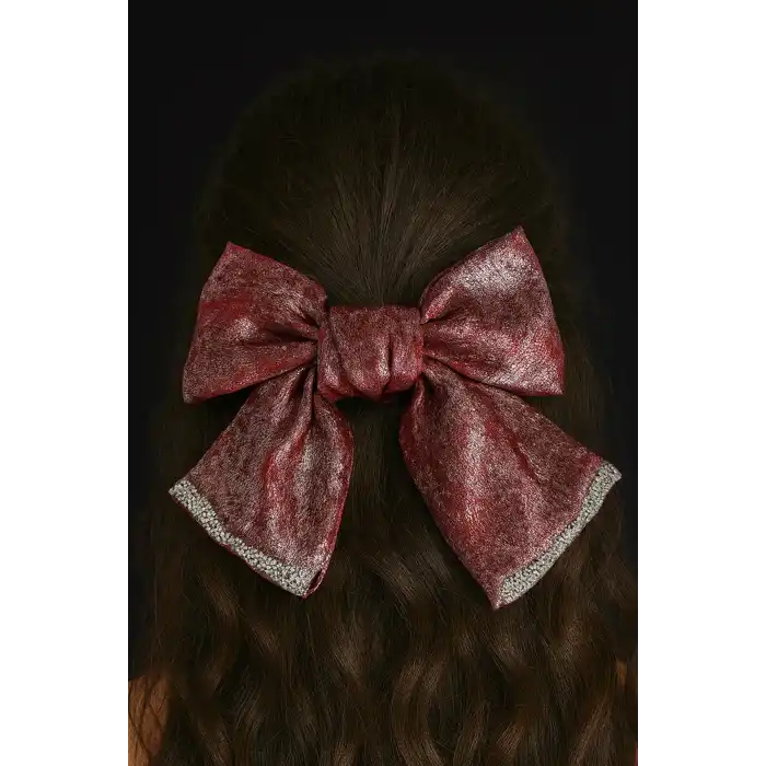 Bordo Renk Kurdele Figürlü Taş Detaylı Otomat Toka