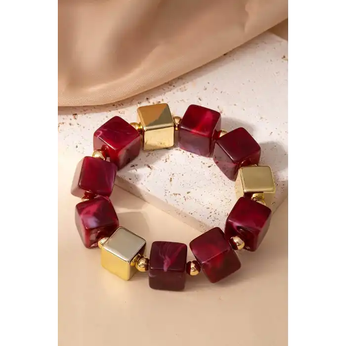 Bordo Ve Altın Renk Boncuk Detaylı Bileklik