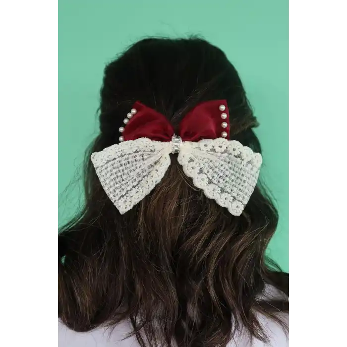 Bordo Ve Krem Renk Kurdele Figürlü İnci Ve Taş Detaylı Otomat Toka