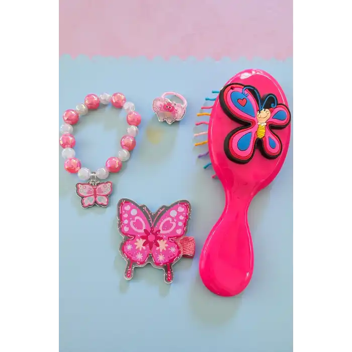 Fuşya Renk Kelebek Figürlü Tarak /Bileklik /Yüzük Ve Toka Set