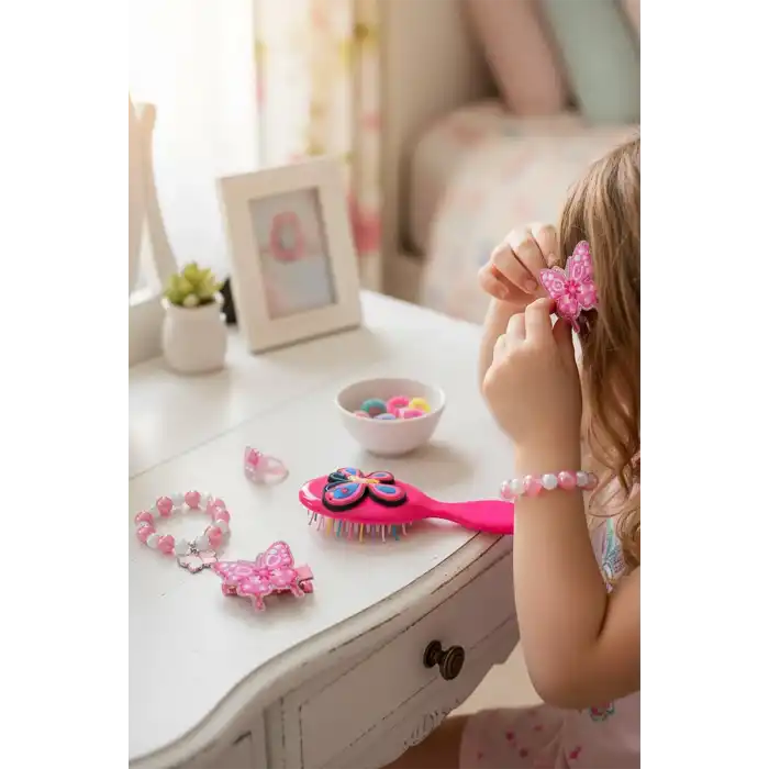 Fuşya Renk Kelebek Figürlü Tarak /Bileklik /Yüzük Ve Toka Set