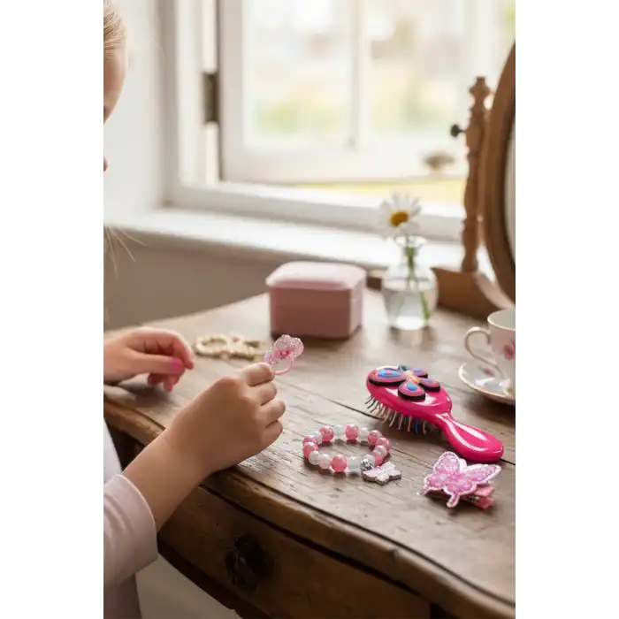 Fuşya Renk Kelebek Figürlü Tarak /Bileklik /Yüzük Ve Toka Set