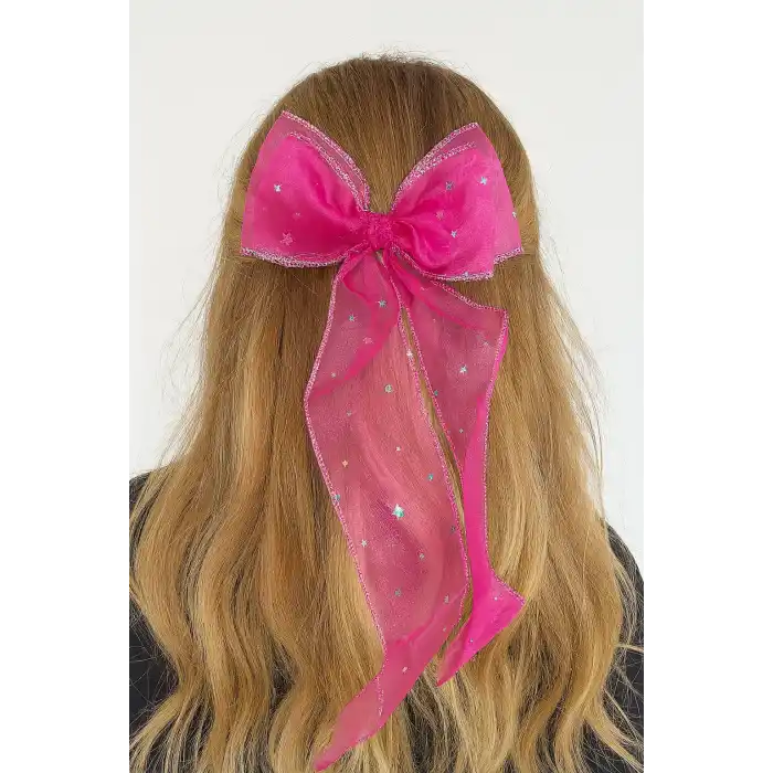 Fuşya Renk Yıldız Detaylı Kurdele Otomat Toka