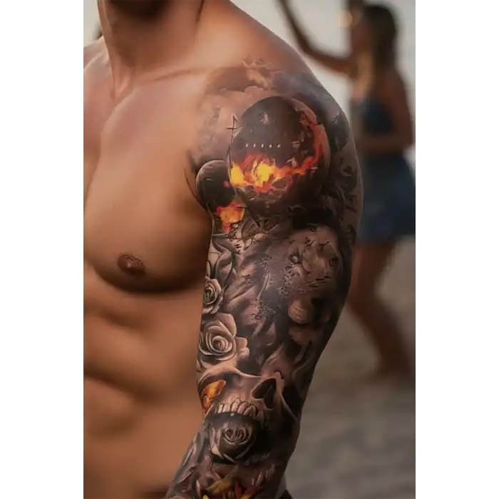 Geçici Aslan ve Kurukafa Modelli Kol Dövme Tattoo