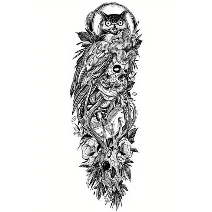 Geçici Baykuş Ve Kuru Kafa Figürlü Dövme Tattoo
