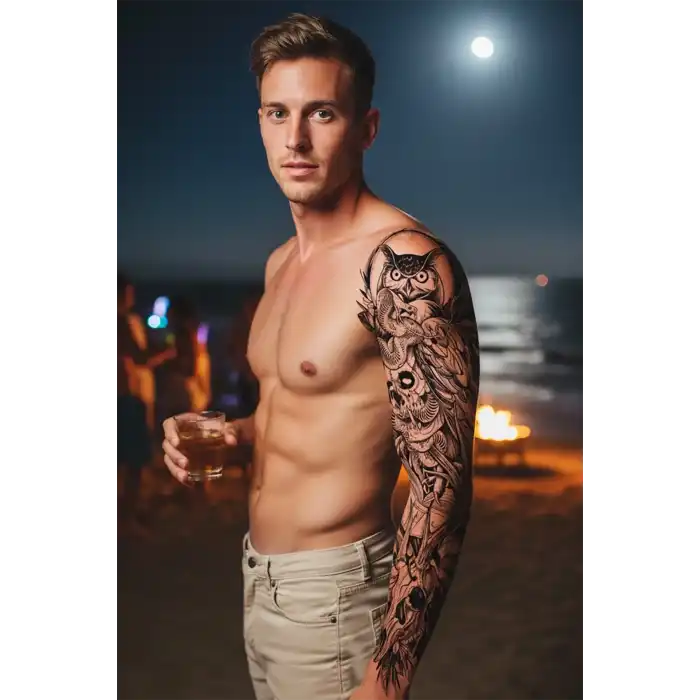 Geçici Baykuş Ve Kuru Kafa Figürlü Dövme Tattoo