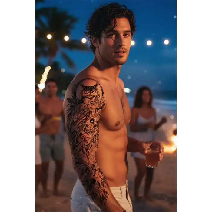 Geçici Baykuş Ve Kuru Kafa Figürlü Dövme Tattoo