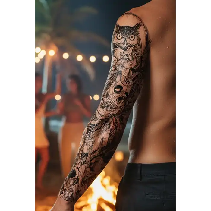 Geçici Baykuş Ve Kuru Kafa Figürlü Dövme Tattoo