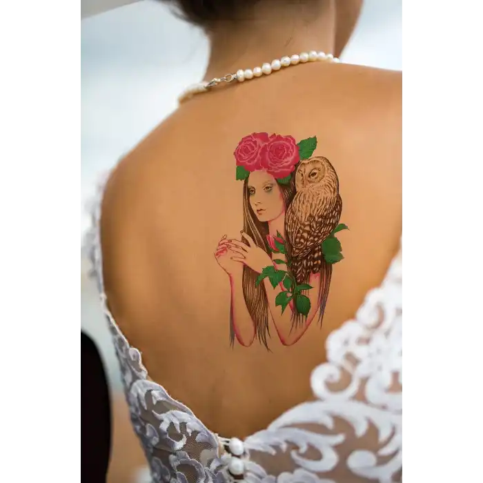 Geçici Kadın, Gül ve Baykuş Dövme Tattoo