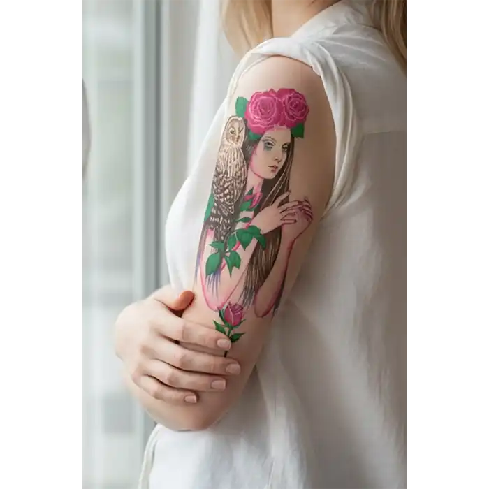 Geçici Kadın, Gül ve Baykuş Dövme Tattoo