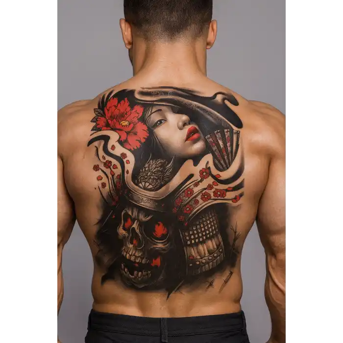 Geçici Kadın ve Kurukafa Modelli Sırt Dövme Tattoo