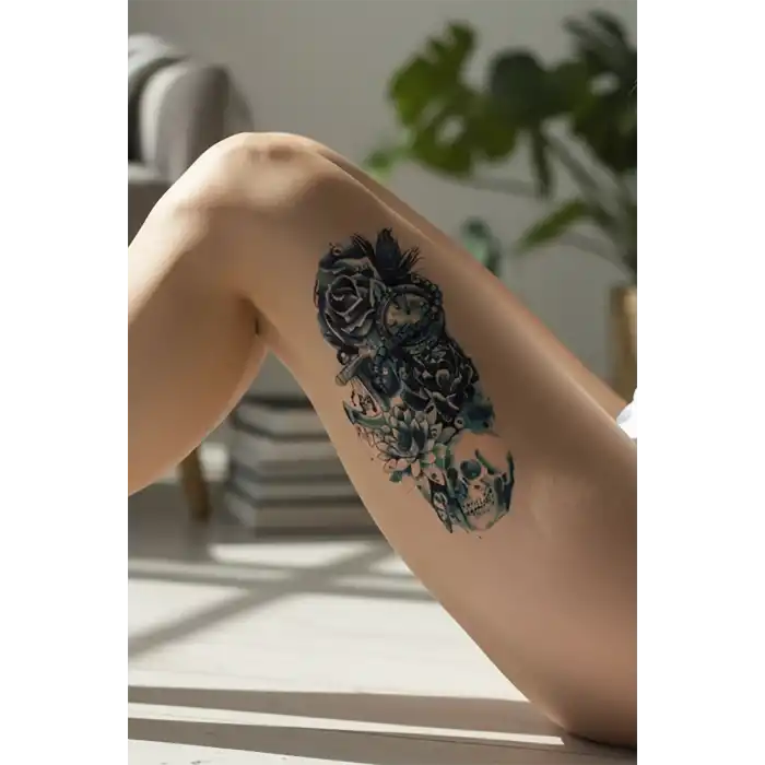 Geçici Kurukafa ve Gül Dövme Tattoo
