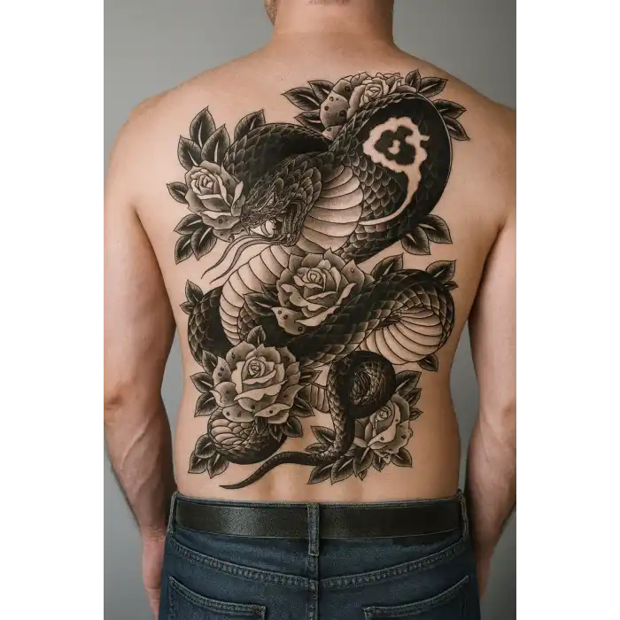 Geçici Yılan ve Gül Modelli Sırt Dövme Tattoo