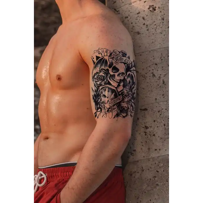 Gerçekçi Geçici Kurukafa ve Saat Dövme Tattoo