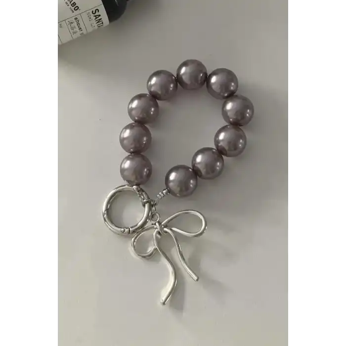 Gri Renk İnci Detaylı Çanta Charm/ Anahtarlık