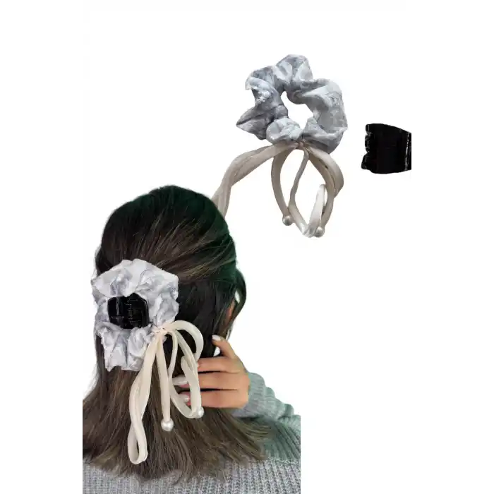 Gri Renk İnci Detaylı Mandal/Simit Toka