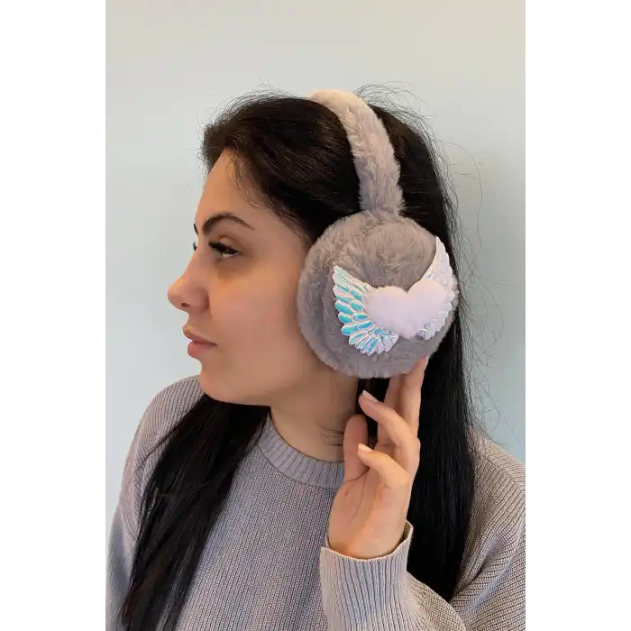 Gri Renk Kalp Detaylı Peluş Kulaklık