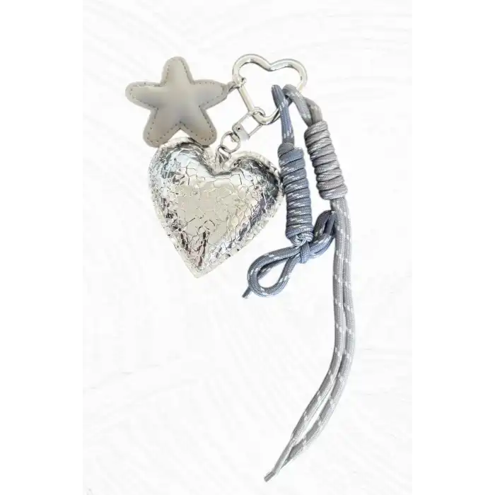 Gri Renk Kalp Ve Yıldız Figürlü Çanta Charm/ Anahtarlık
