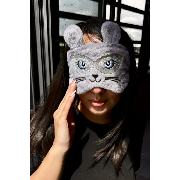 Gri Renk Kedi Figürlü Peluş Uyku Bandı