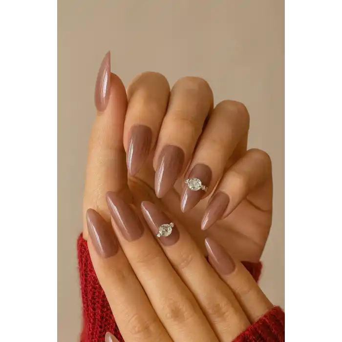 Gül Kurusu Renk Taş Detaylı Jel Tırnak Görünümlü 10lu Takma Tınak Set (Yapıştırıcılı)