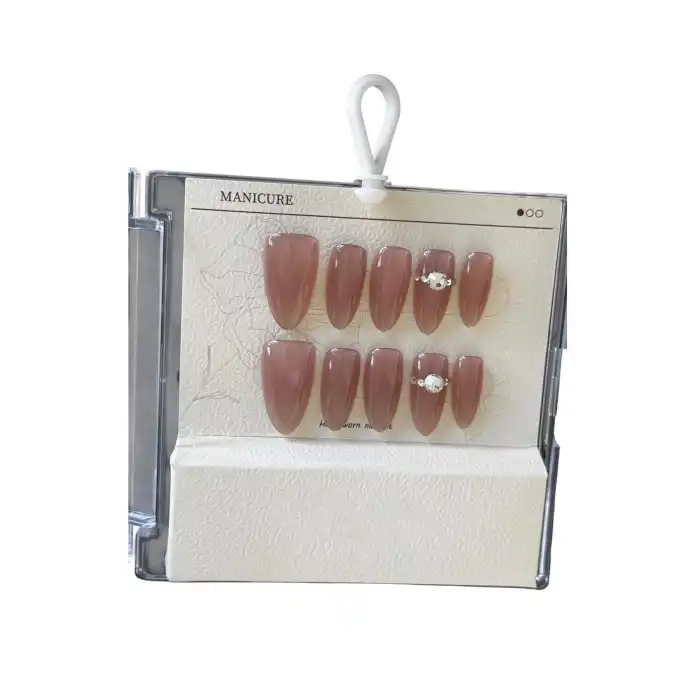 Gül Kurusu Renk Taş Detaylı Jel Tırnak Görünümlü 10lu Takma Tınak Set (Yapıştırıcılı)