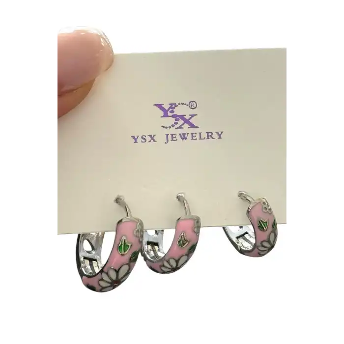 Gümüş Pembe Renk Çiçek Figürlü VİP 3lü YSX Küpe Set