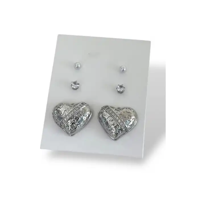 Gümüş Renk 6lı Kalp Figürlü Çelik Küpe Set