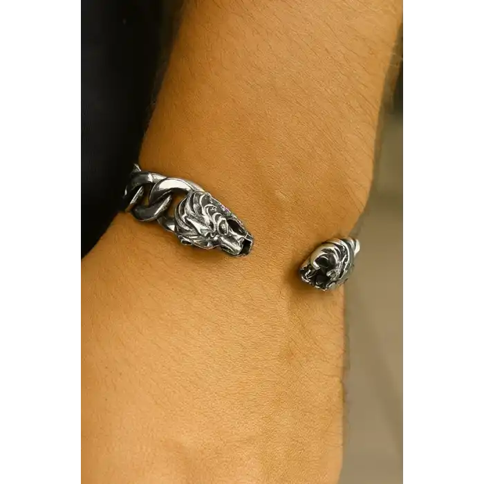 Gümüş Renk Aslan Figürlü Erkek Çelik Kelepçe Bileklik