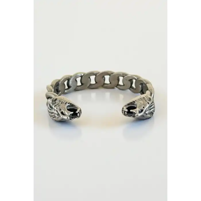 Gümüş Renk Aslan Figürlü Erkek Çelik Kelepçe Bileklik