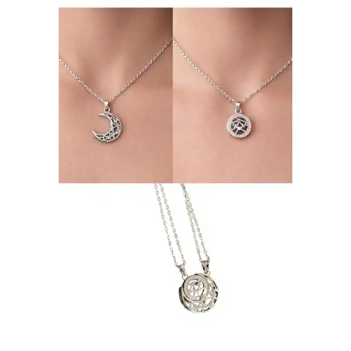 Gümüş Renk Ay Detaylı İkili Mıknatıslı Çelik Arkadaşlık Kolyesi