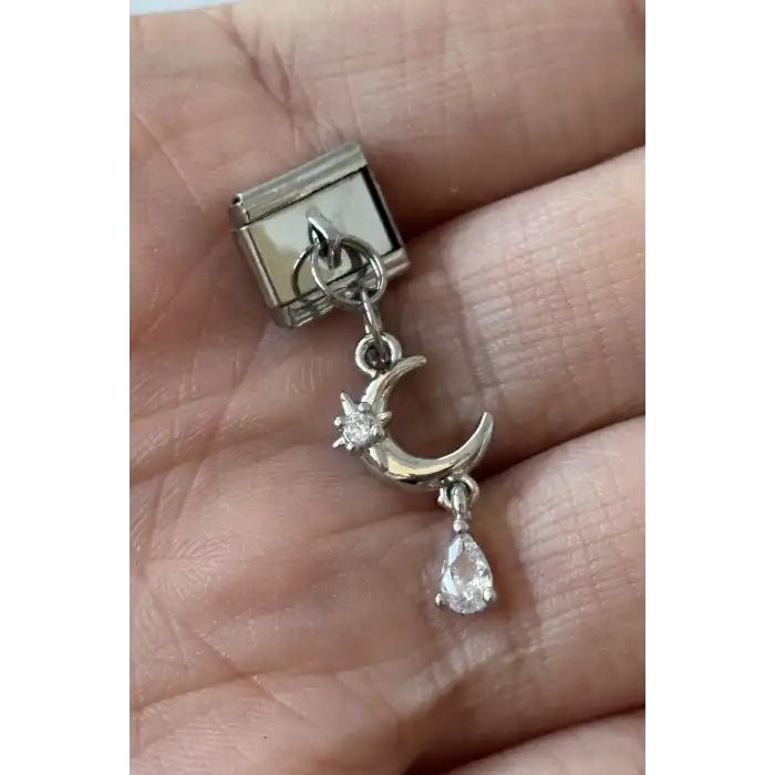 Gümüş Renk Ay Ve Taş Detaylı Çelik Nomination Charm (Tek)