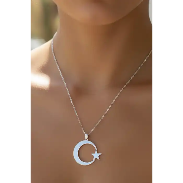 Gümüş Renk Ay Ve Yıldız Figürlü Çelik Kolye