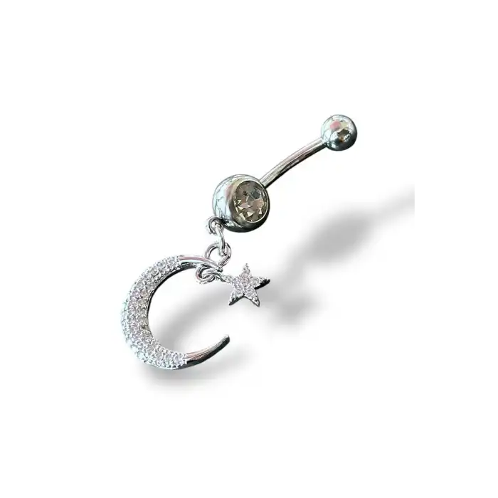 Gümüş Renk Ay Ve Yıldız Figürlü Taş Detaylı Cerrahi Çelik Göbek Piercing